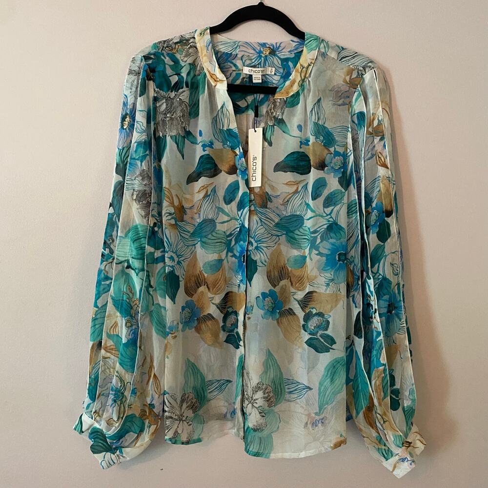 NWT Chico's Billow Blouse Blue Floral Sheer Button Down Women's 2 / 12 / Large